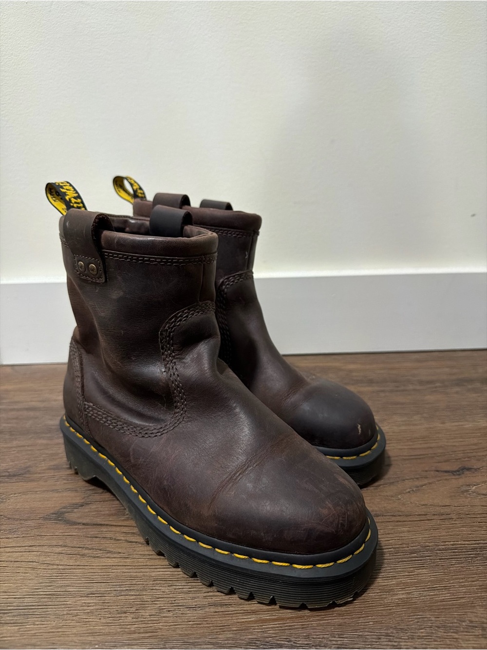 Dr. Martens Dark Brown Leather Chelsea Lug Boots with Yellow Stitching
